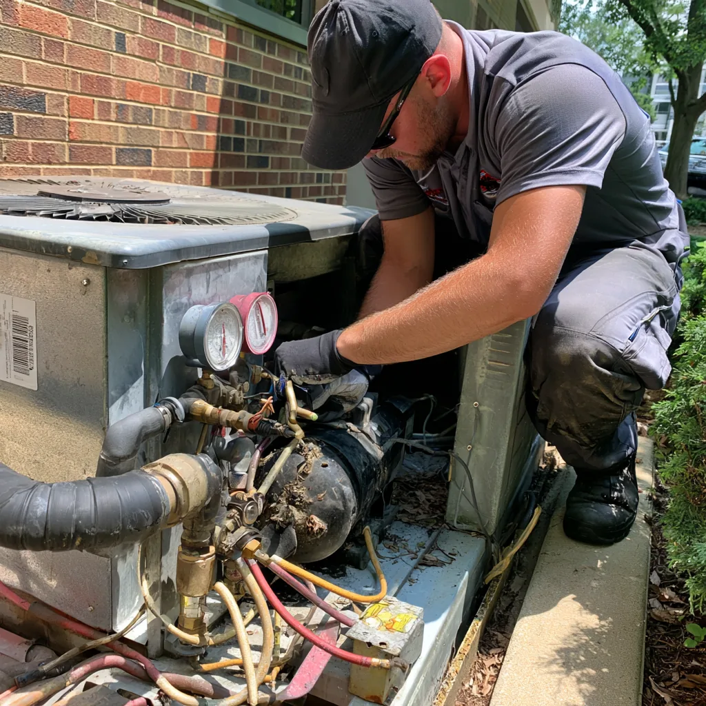 Technician servicing a residential air conditioning condenser