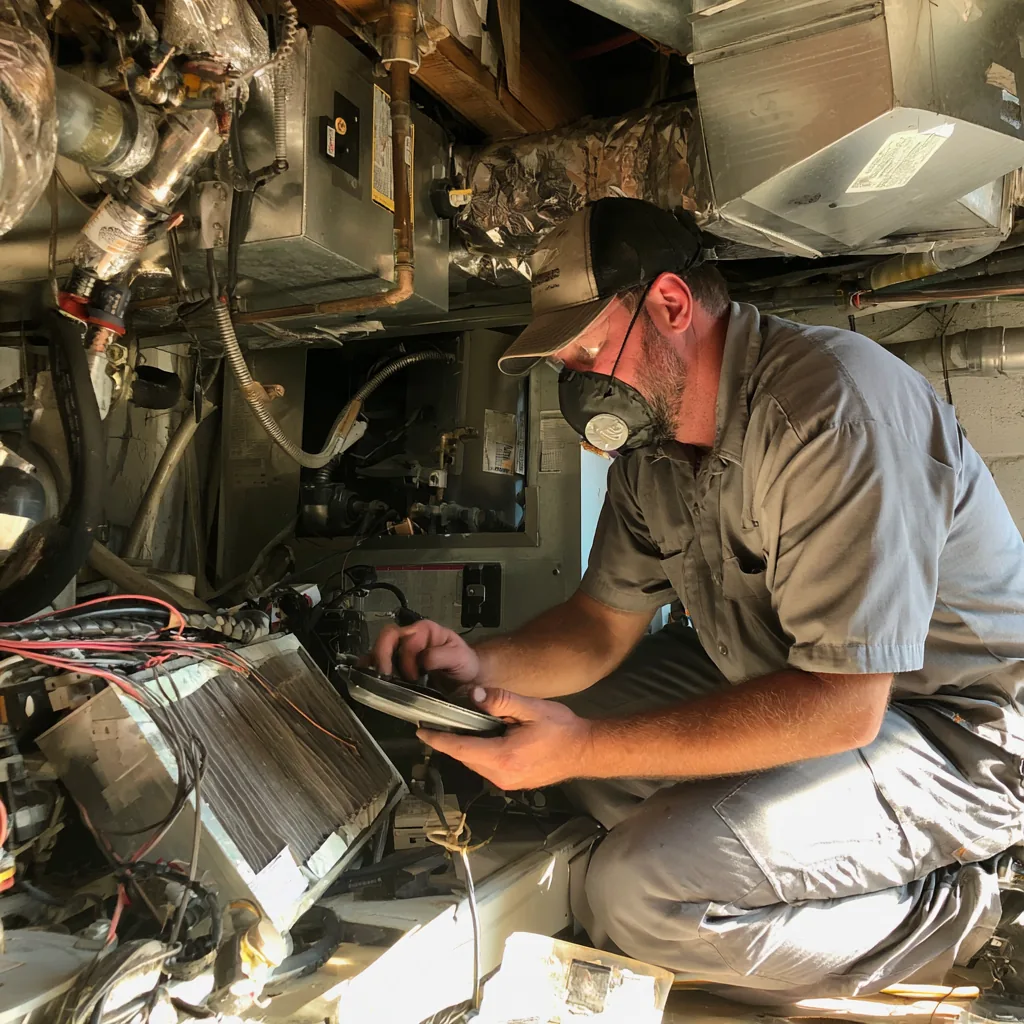 Technician examining indoor heating and air handling equipment