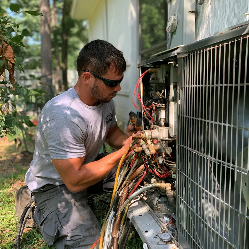 Technician troubleshooting electrical components in an outdoor AC unit